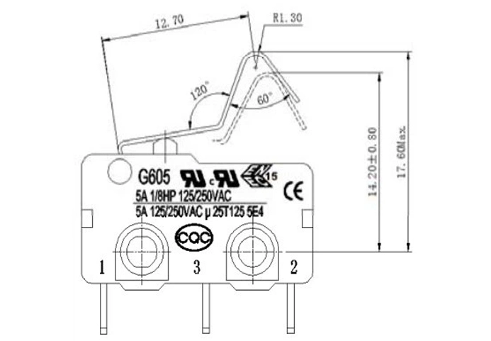 Product Drawings of Miniature Switch Customized Lever Type